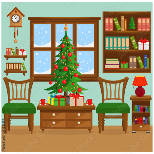 Vector illustration of a Christmas room with a Christmas tree, furniture, a window and a cozy holiday atmosphere.