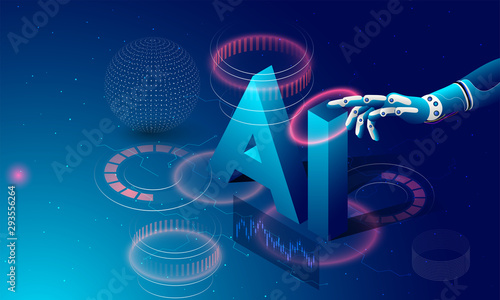 Futuristic concept for artificial intelligence and virtual world. Robotic hand clicking, isometric text AI on digital structure display background.