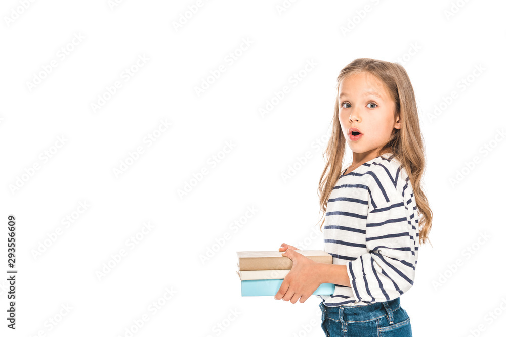shocked kid holding books with open mouth isolated on white shocked kid holding books with open mouth isolated on white