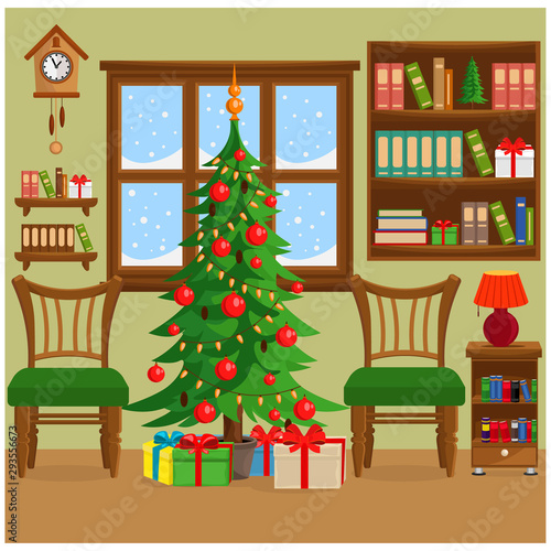 Vector illustration of a Christmas room with a Christmas tree, furniture, a window and a cozy holiday atmosphere.