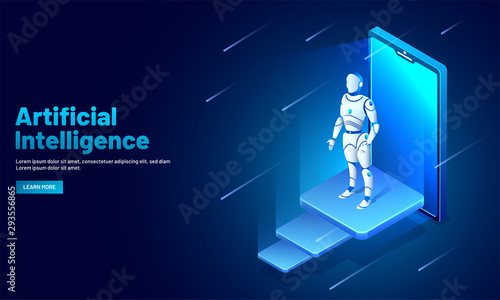 Artificial intelligence (AI) web template design, isometric smartphone with robotic organism for machine learning concept.