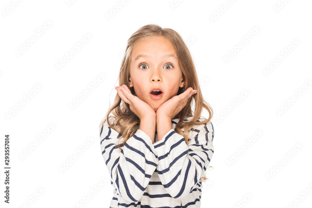 front view of shocked kid in casual outfit isolated on white front view of shocked kid in casual outfit isolated on white