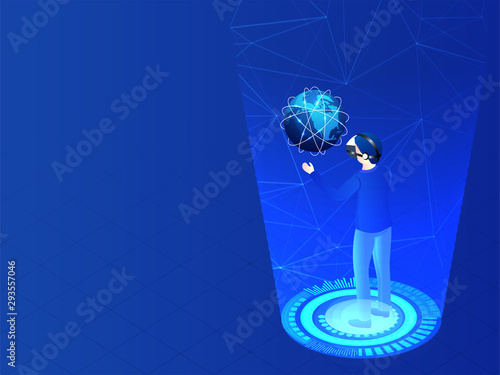 Website banner or template design for Augmented Reality (AR) concept, analyst wearing VR glasses with earth globe on virtual display interface.