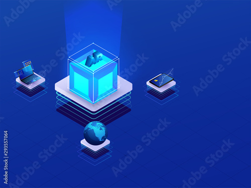 3D isometric AR cube connected with laptop, tablet and globe on shiny blue background for Augmented Reality (AR) concept.