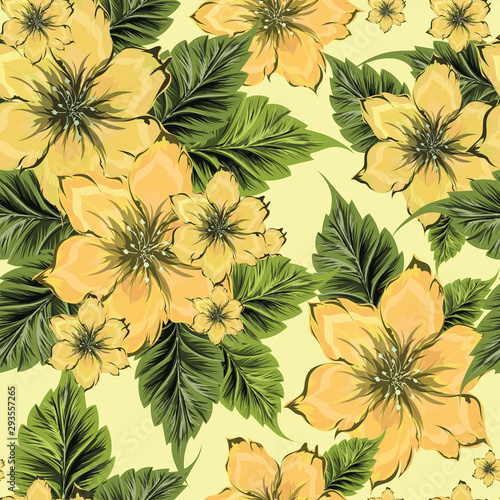 Beautiful floral with green leaves decorated seamless pattern background.