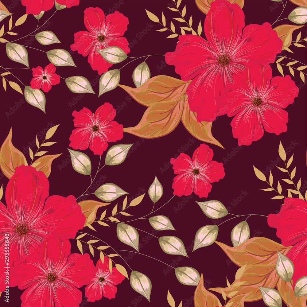 Red flower with leaves decorated on brown seamless pattern background.