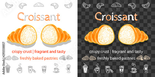 Cut croissant, sketches of coffee and inscriptions