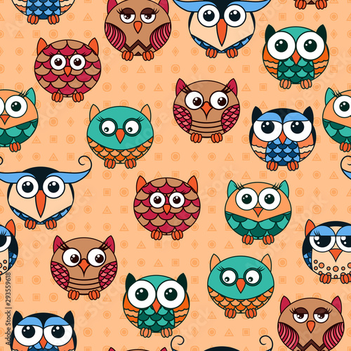 Seamless with cartoon various owls