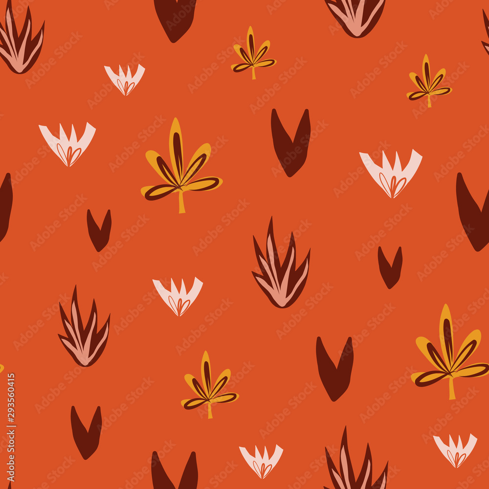 Abstract florals seamless vector doodle background red orange yellow. Flowers and leaves repeating pattern in fall colors. Use for surface pattern design, fabric, Thanksgiving, home decor, gift wrap Abstract florals seamless vector doodle background red orange yellow. Flowers and leaves repeating pattern in fall colors. Use for surface pattern design, fabric, Thanksgiving, home decor, gift wrap