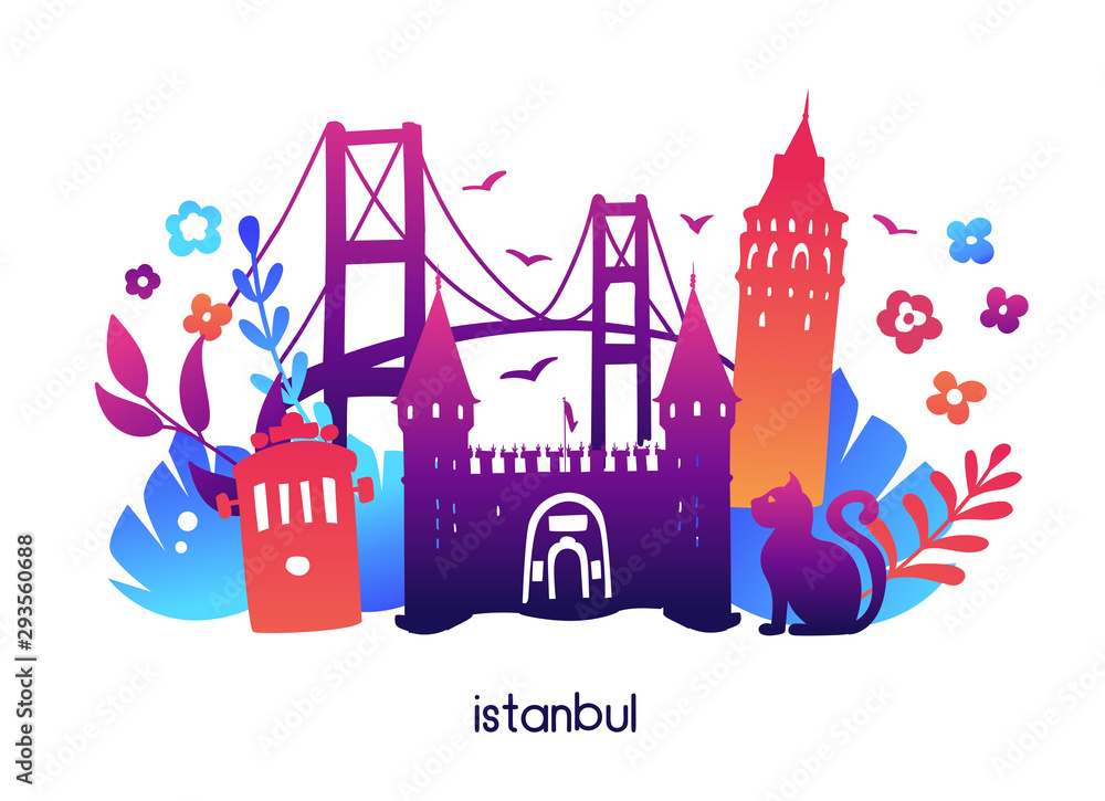 Istanbul, Turkey. Vector illustration with symbols of turkish city
