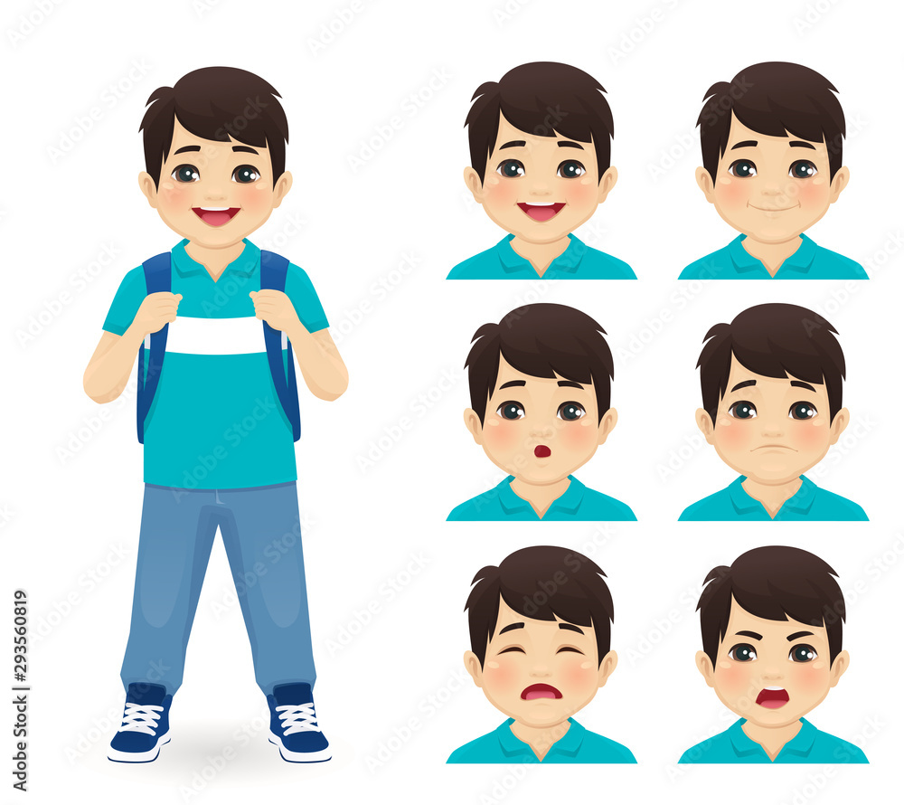 School asian boy with backpack emotions set isolated vector illustration School asian boy with backpack emotions set isolated vector illustration