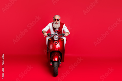 Photography Full length photo of funny pensioner screaming driving motor bike wearing eyewea