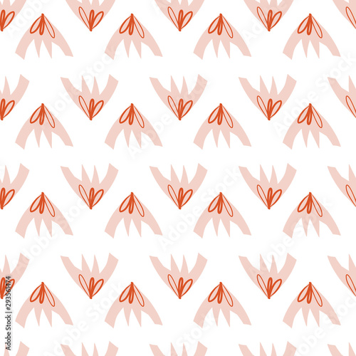 Contemporary seamless pattern with abstract geometric shapes and floral leaves. Avant-garde modern collage style zig zag background. Pink red orange on white. Surface pattern design