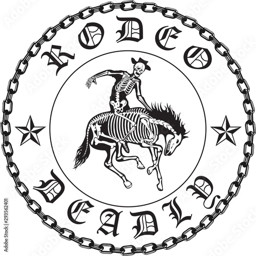 vector image of cowboy skeleton on horse skeleton in rodeo poster style cartoon graphics
