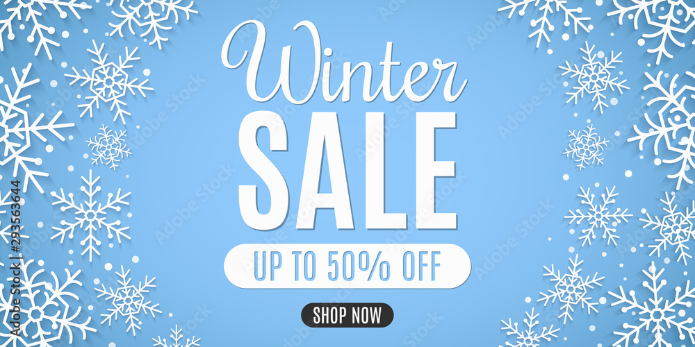 Christmas sale banner. Paper snowflakes with snow dust. Stylish lettering. Seasonal xmas shopping. Vector illustration