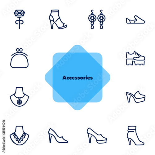 Accessories line icon set. Shoes, purse, necklace. Fashion concept. Can be used for topics like style, trend, jewelry