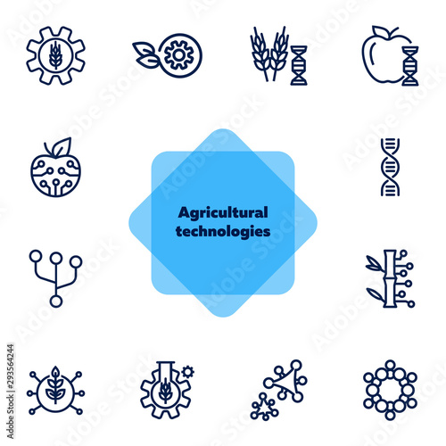 Agricultural technologies line icon set. Set of line icons on white background. Biotechnology concept. DNA structure, appe, chemistry. Vector illustration can be used for topics like science, biology