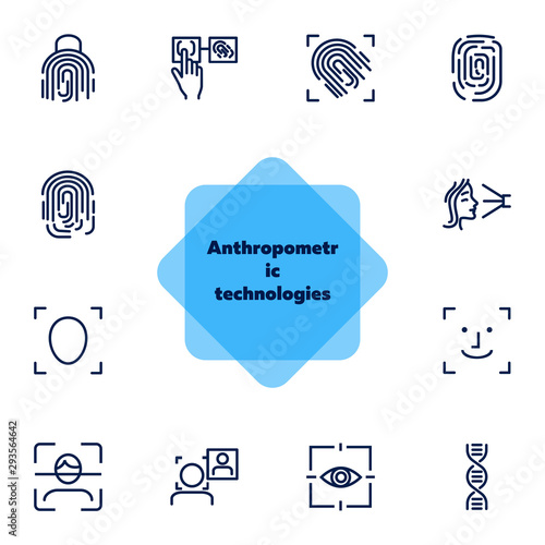 Anthropometric technologies line icon set. Scanning, identification, genes. Authentication concept. Can be used for topics like comparative analysis, criminology, forensics