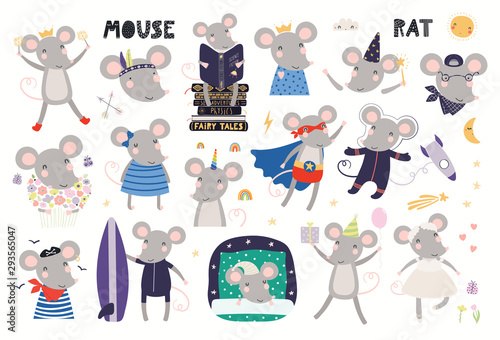 Cute mouse astronaut, pirate, superhero, princess, ballerina, unicorn, sleeping, reading. Big set, isolated on white. Hand drawn vector illustration. Scandinavian style flat design Concept kids print