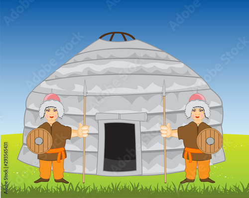 Plague mongolian nomad and warriors guard in steppe