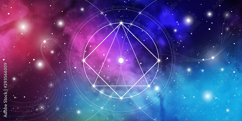 Sacred geometry website banner with golden ratio numbers, eternity symbol, interlocking circles and squares, flows of energy and particles in front of outer space background. The formula of nature. Sacred geometry website banner with golden ratio numbers, eternity symbol, interlocking circles and squares, flows of energy and particles in front of outer space background. The formula of nature.