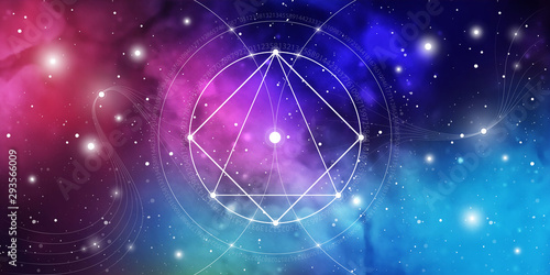 Sacred geometry website banner with golden ratio numbers, eternity symbol, interlocking circles and squares, flows of energy and particles in front of outer space background. The formula of nature.