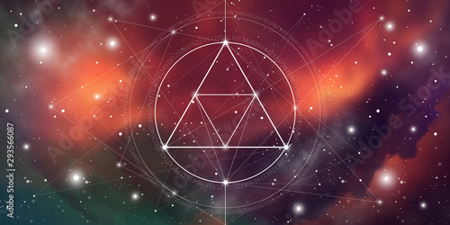 Sacred geometry website banner with golden ratio numbers, eternity symbol, interlocking circles and squares, flows of energy and particles in front of outer space background. The formula of nature.
