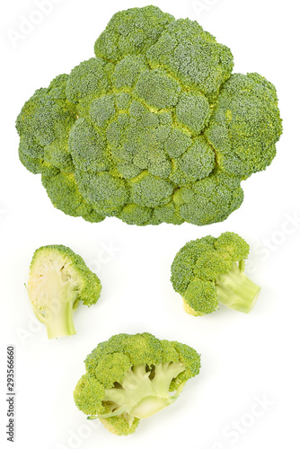 Creative layout made of broccoli. Flat lay, top view. Vegetables isolated on white background. Food ingredient pattern.