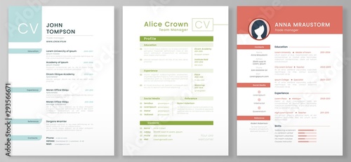 Personal resume template. Artistic profile, professional CV forms and minimalist resumes mockup vector illustration set