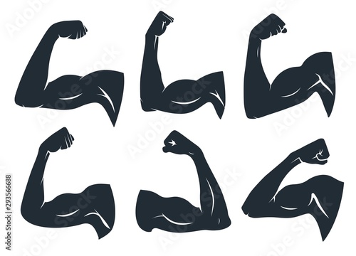 Hand muscle silhouette. Strong arm muscles, hard biceps and power gym vector stencil icons set
