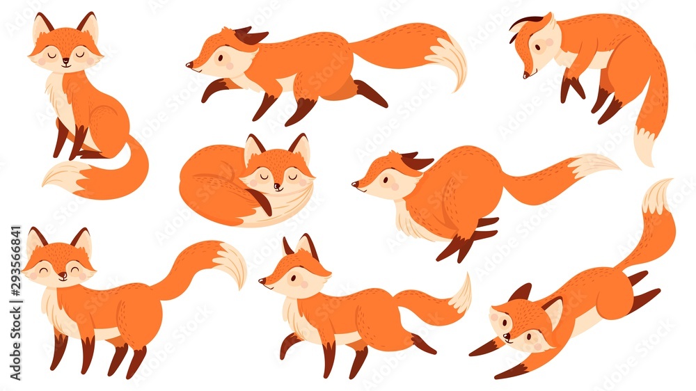 Cartoon red fox. Funny foxes with black paws, cute jumping animal vector  illustration set Stock Vector | Adobe Stock