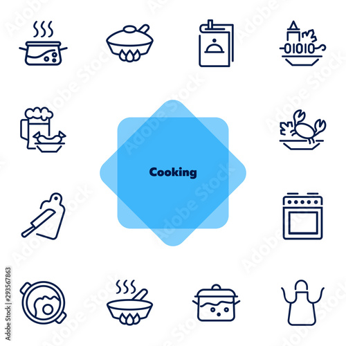 Cooking line icon set. Set of line icons on white background. Kitchenware concept. Knife, frying pan, stewing. Vector illustration can be used for topics like cooking, food, kitchen