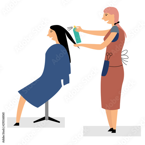 Girl hairdresser doing hairstyle. Small business hairdresser at home. Haircuts, hair styling. The girl caresses her hair. Personal care. Editable vector illustration