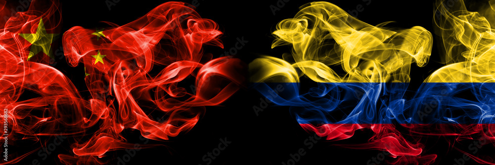 China vs Colombia, Colombian smoke flags placed side by side. Thick colored silky smoke flags of Chinese and Colombia, Colombian China vs Colombia, Colombian smoke flags placed side by side. Thick colored silky smoke flags of Chinese and Colombia, Colombian