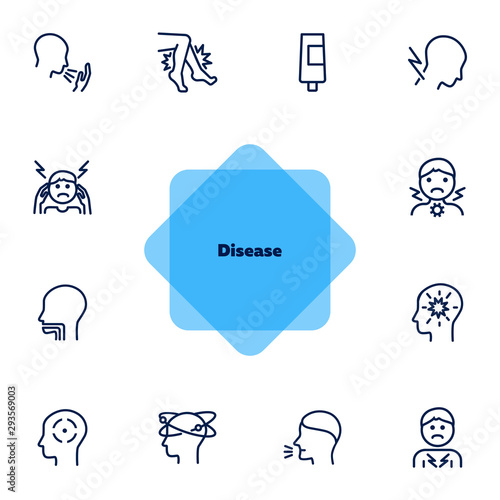 Disease line icon set. Coughing, heavy legs, head ache. Health care concept. Can be used for topics like illness, symptoms, flu, cold
