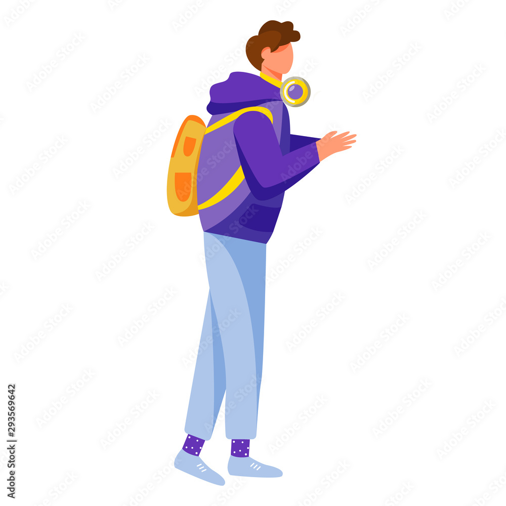 Young man flat vector illustration. Adolescent music lover boy. Millennial. Standing teenager with backpack and headphones dressed in hoodi isolated cartoon character on white background