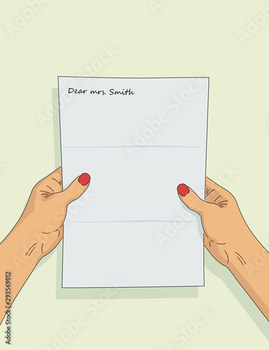 Woman reading a paper mail letter. Female hadns holding A4 blank. Mockup of empty folded letter paper. First-person view vector illustration
