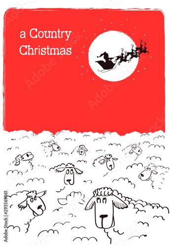 Merry Country Christmas card with bull and sheep in Santa hat. Christmas text on snow background illustration