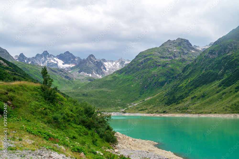 View of mountains and lake Vermunt along Silvretta High Alpine Road, Austria