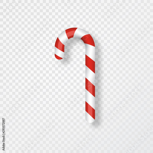 Candy cane isolated on transparent background. Realistic red and white xmas candy cane. Merry Christmas design element for greeting cards, poster, banner, invitation. Vector illustration