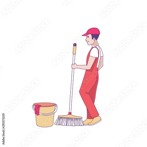 Man With Mop Washing The Floor, Cleaning Service Professional Cleaner In Uniform Cleaning In The Household