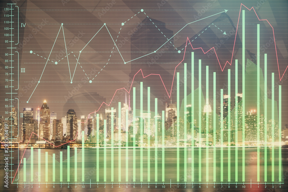 Financial graph on night city scape with tall buildings background multi exposure. Analysis concept. Financial graph on night city scape with tall buildings background multi exposure. Analysis concept.