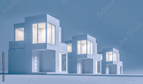View exterior layout of a modern small house C facade trim of rectangular boards in the evening light. 3D illustration