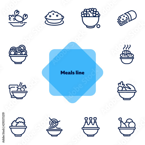 Meals line icon set. Bowl, chicken, Chinese noodle. Food concept. Can be used for topics like cooking, restaurant, dinner