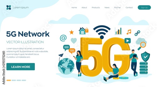5G Network Internet Mobile technology concept. 5G wireless systems and internet of things . High-speed mobile Internet. Using modern digital devices. Vector illustration with icons and characters.