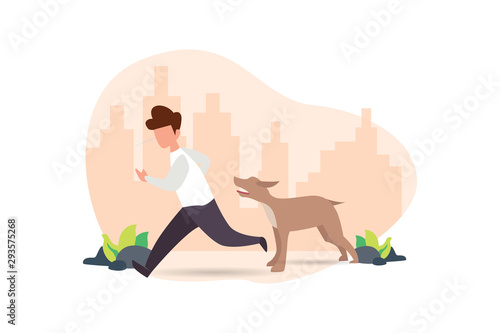 Dog attacking young scared man biting vector illustration concept for web landing page template, banner, flyer and presentation