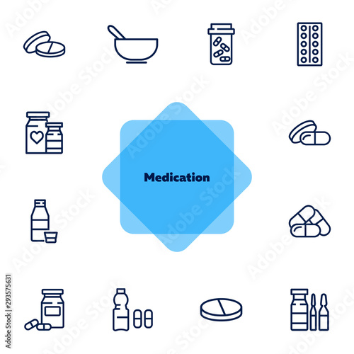 Medication icon set. Line icons collection on white background. Tablet, pill, painkiller. Supplement concept. Can be used for topics like healthcare, illness, pharmacy
