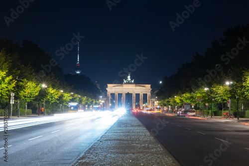 Berlin center capital, at night long time light with car light and light stripe, sights
