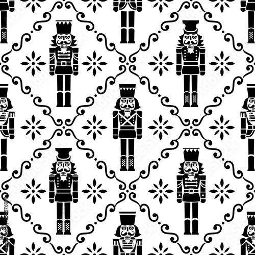 Christmas nutcrackers vector seamless pattern - Xmas soldier figurine repetitive black and white ornament, textile design