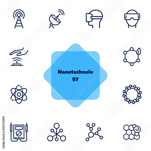 Nanotechnology line icon set. Radar satellite, VR headset, organic molecule. Modern technology concept. Can be used for topics like physics, chemistry, virtual reality